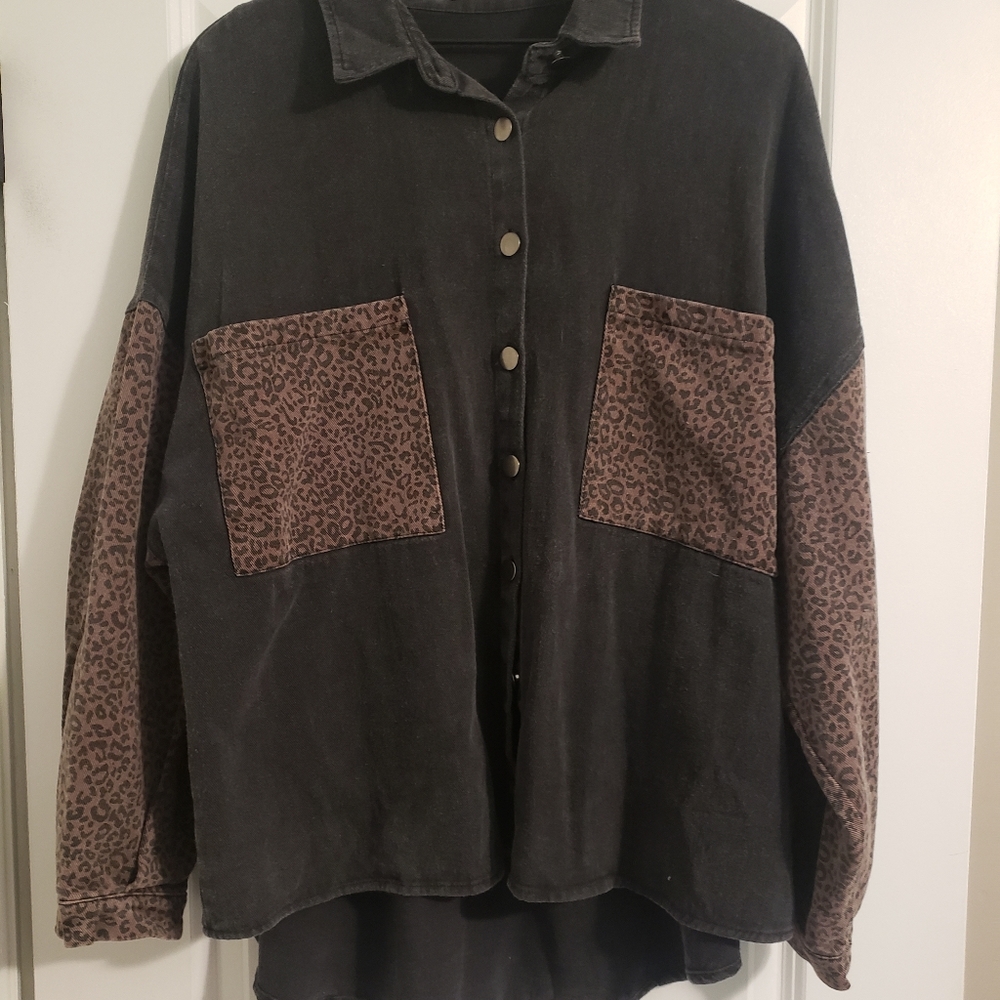 Black and Cheetah Print Jean Jacket